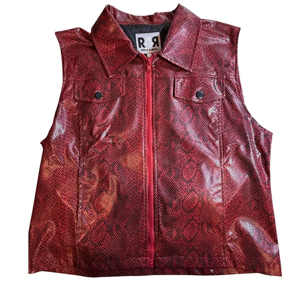 Rave 4 Real Other - Rave 4 Real Red Snakeskin Faux Leather Zip Up Vest Mens Large Y2K Clubwear